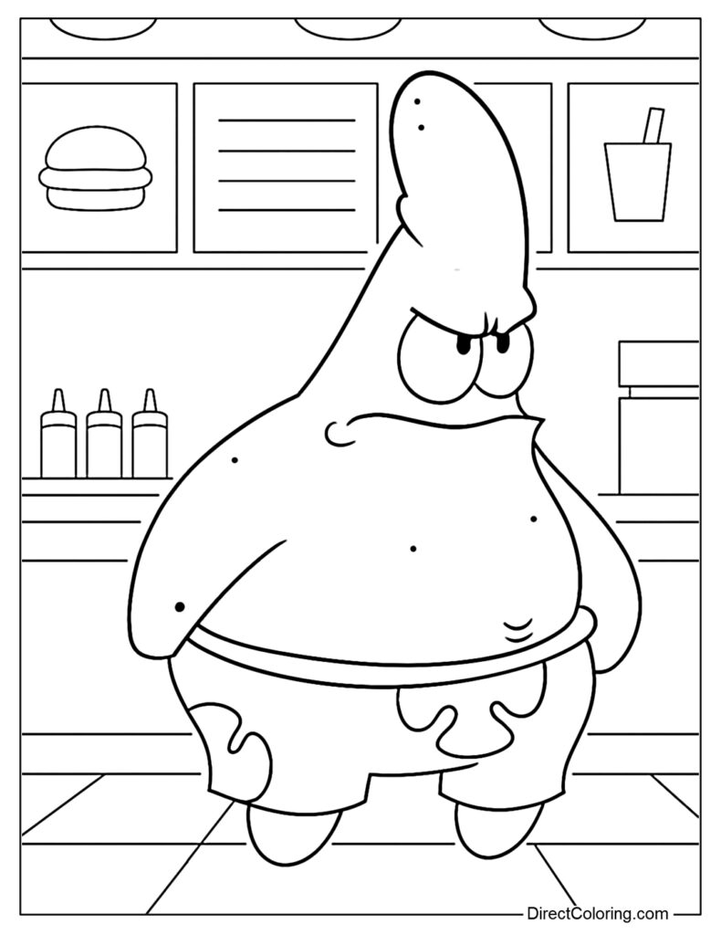 Patrick Star standing in fast-food restaurant interior coloring page