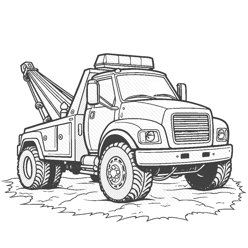 Black-and-white tow truck coloring page illustration