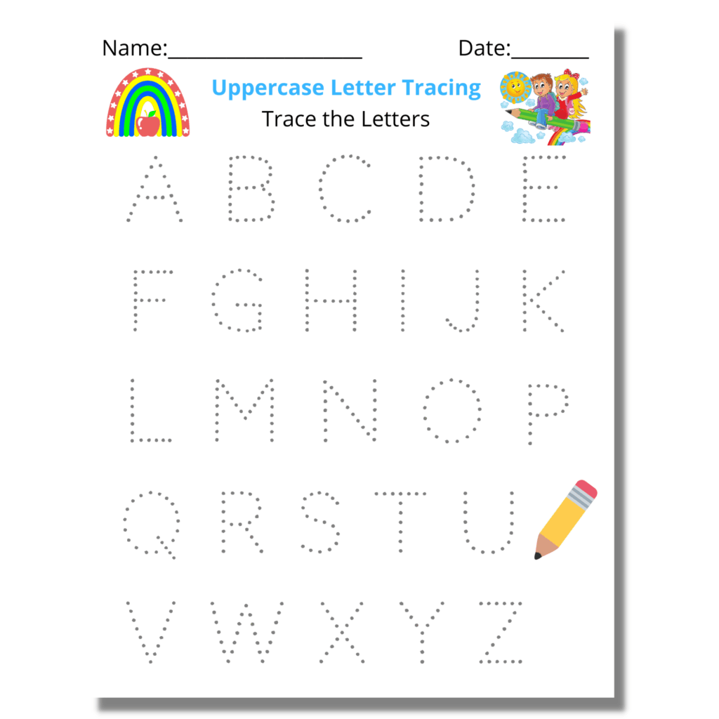 Uppercase letter tracing worksheet with dotted alphabet letters, rainbow, pencil
