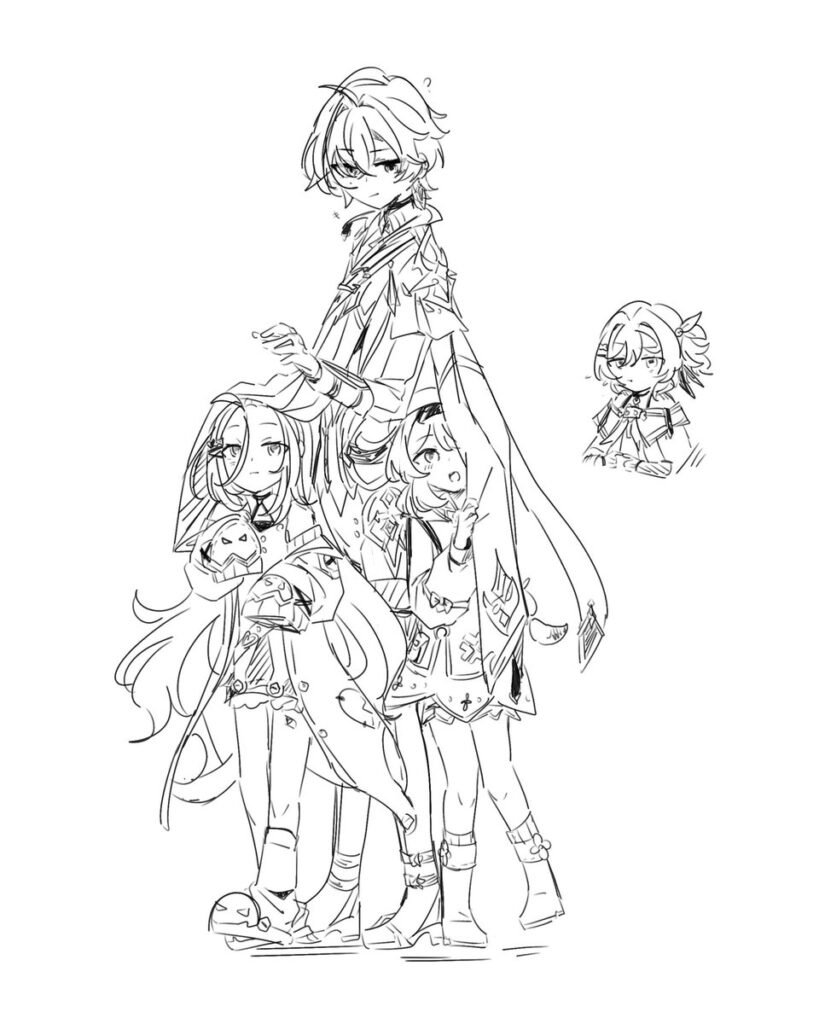 Sketch of four anime-style characters on white background