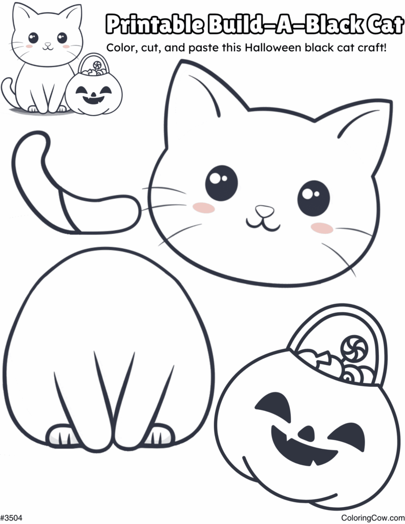 Printable black cat craft coloring page with pumpkin