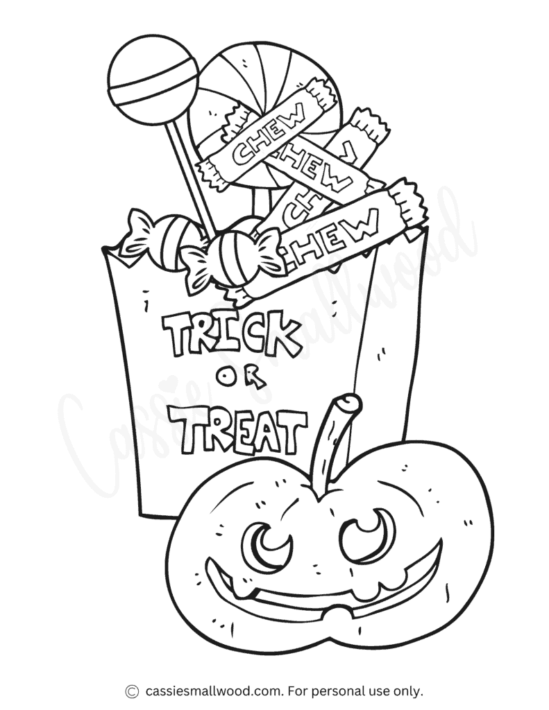 Halloween trick-or-treat bag with candies and jack-o’-lantern