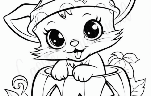 Cartoon kitten in witch hat inside jack-o’-lantern pumpkin