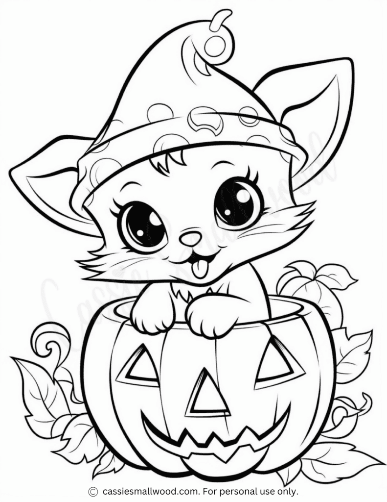 Cartoon kitten in witch hat inside jack-o’-lantern pumpkin