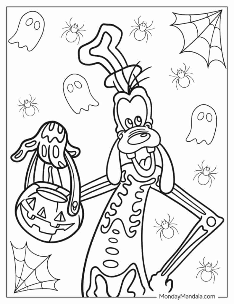 Halloween coloring page with Pluto, ghosts, spiders, and webs