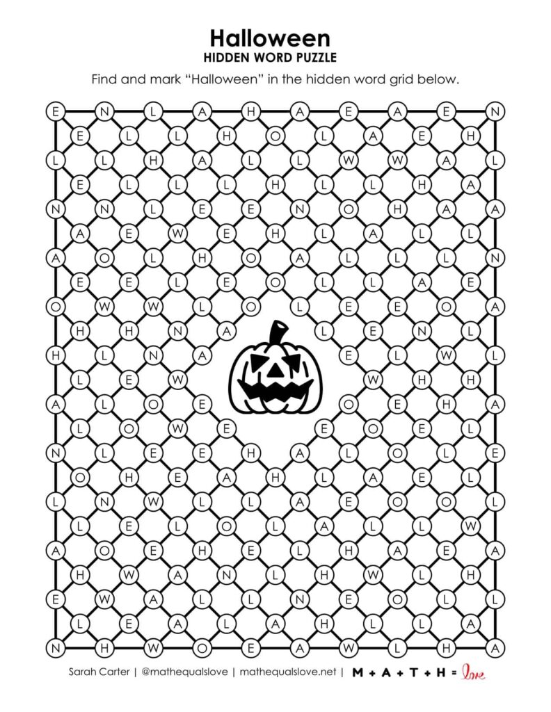 Halloween hidden word puzzle worksheet with pumpkin