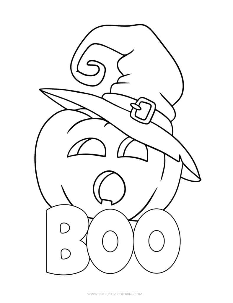 Cartoon ghost face wearing witch hat above “BOO” text