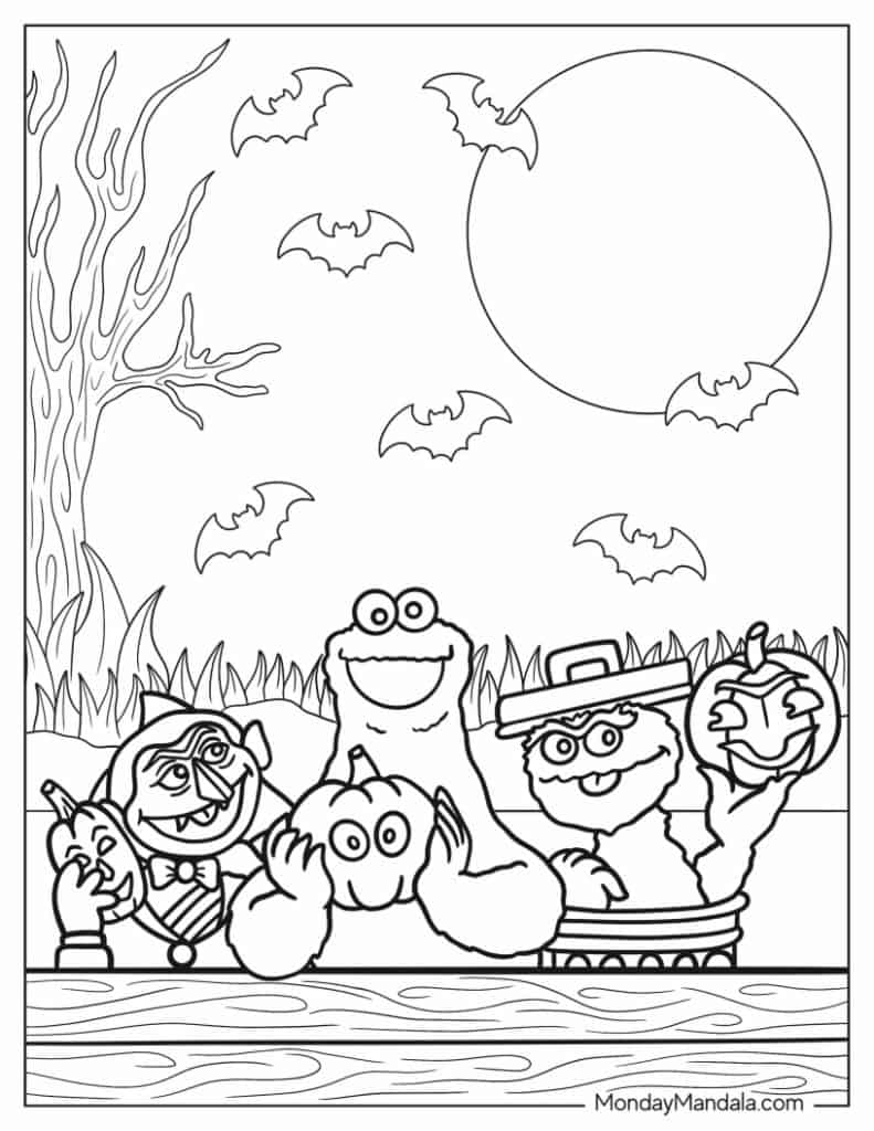 Halloween coloring page with bats, pumpkins, and monsters