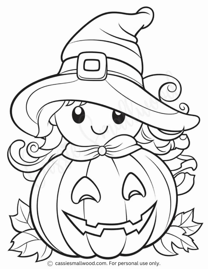 Cute witch with pumpkin and autumn leaves coloring page