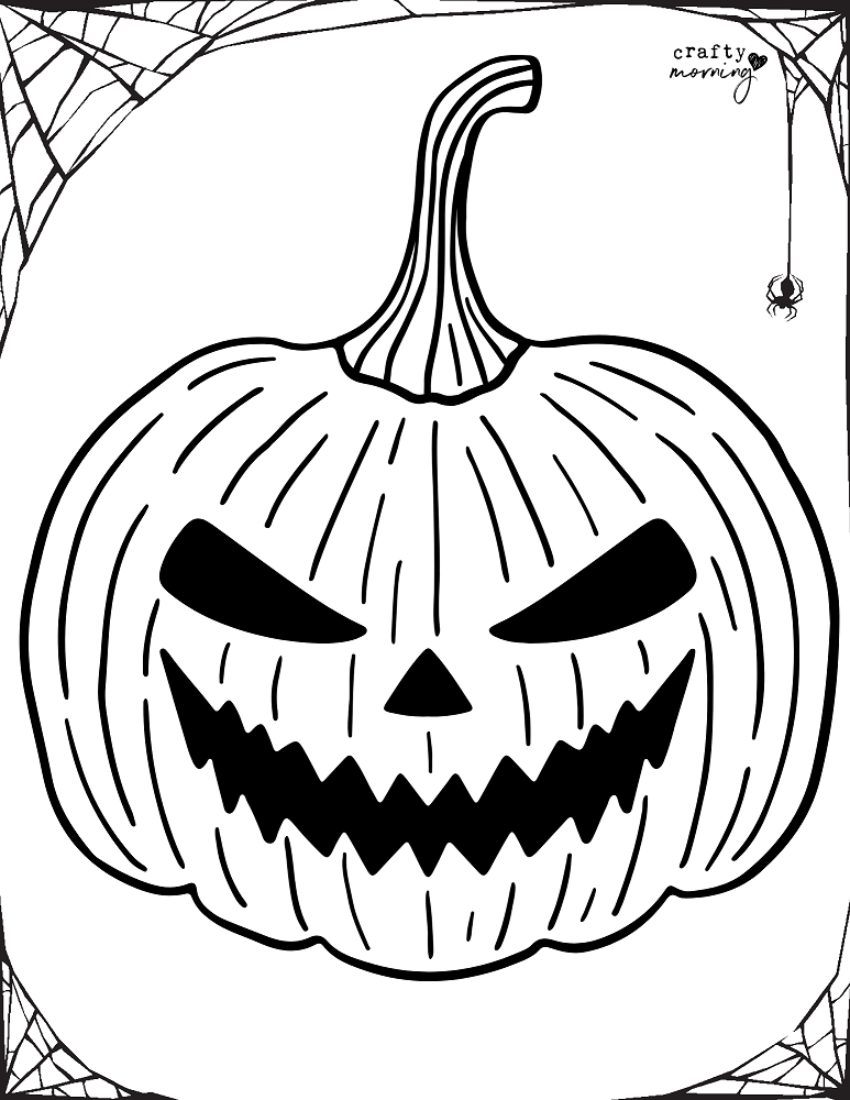 Jack-o'-lantern with spiderweb border and hanging spider