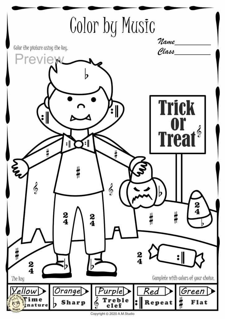 Musical Halloween coloring page with vampire and pumpkin sign