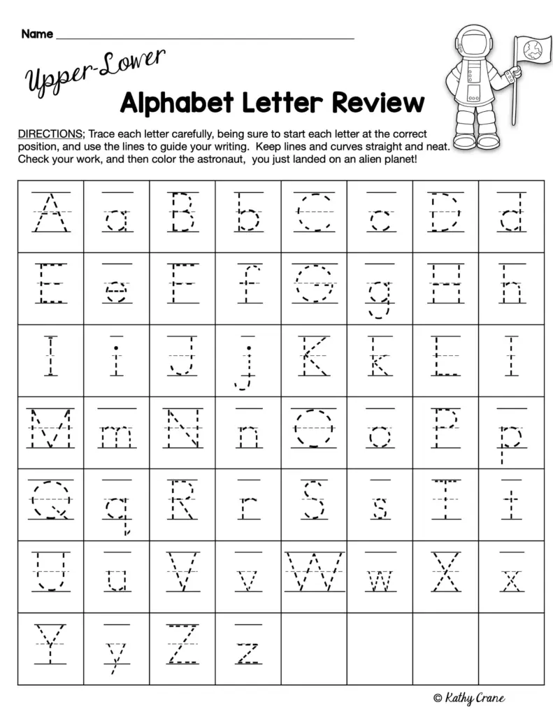 Alphabet letter tracing worksheet with astronaut illustration