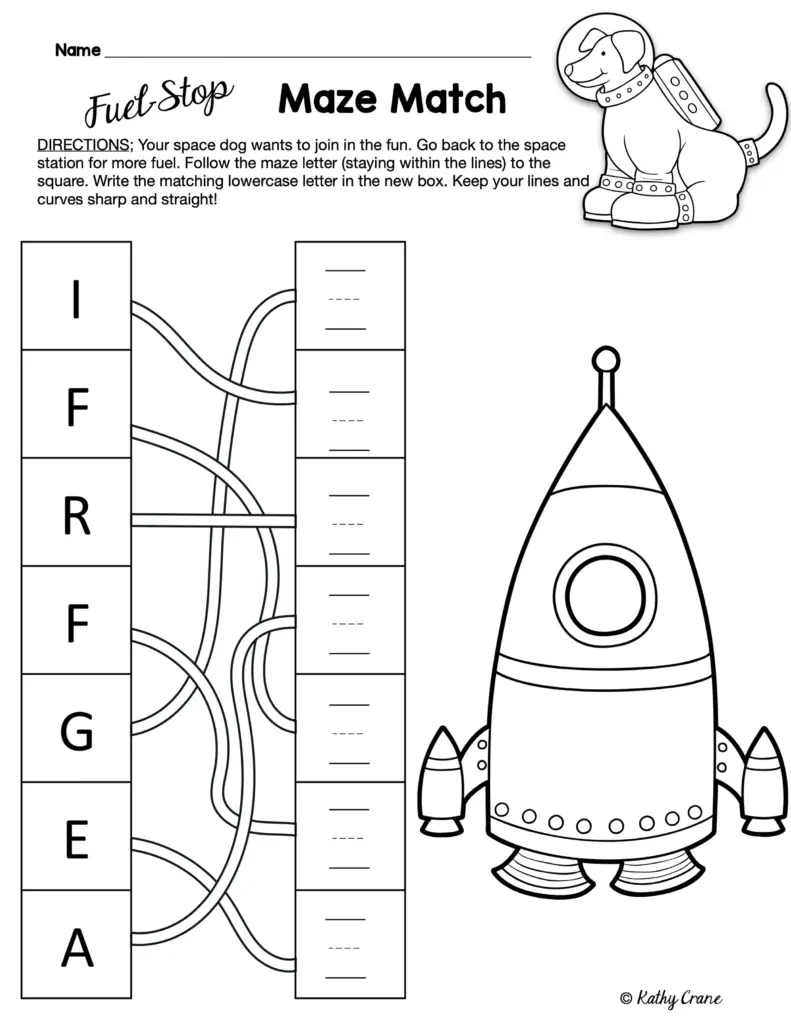 Space dog maze worksheet with rocket and letters