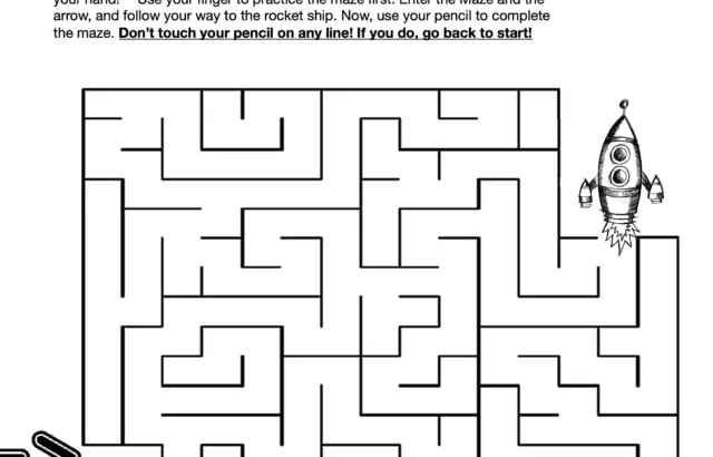 Space-themed maze worksheet with rocket ship and arrow