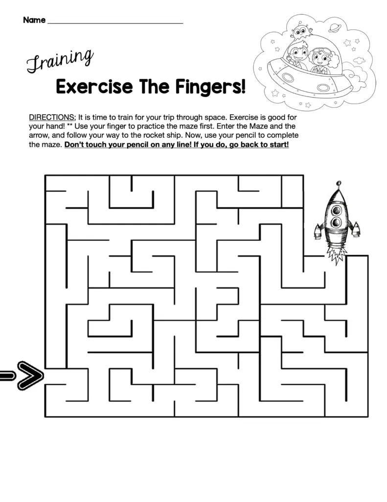 Space-themed maze worksheet with rocket ship and arrow