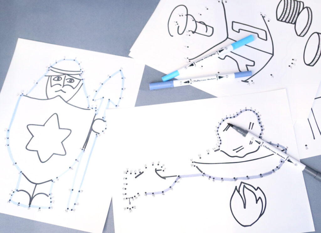 Dot-to-dot coloring sheets with cartoon shapes and markers.