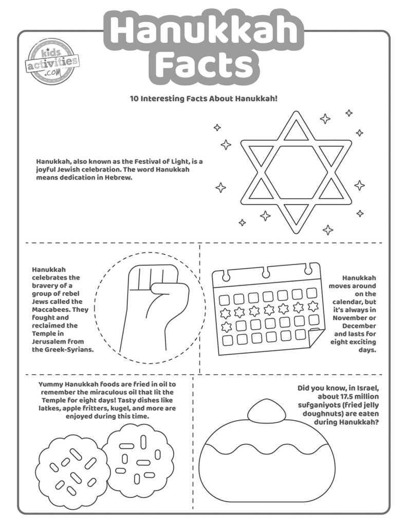 Hanukkah facts worksheet with text and line drawings