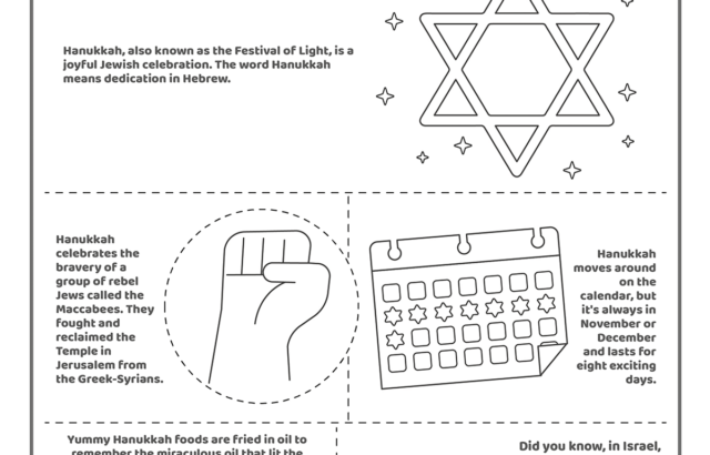 Hanukkah Facts infographic page featuring Star of David and icons.