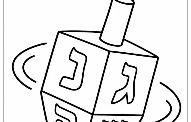 Black-and-white dreidel coloring page with large title