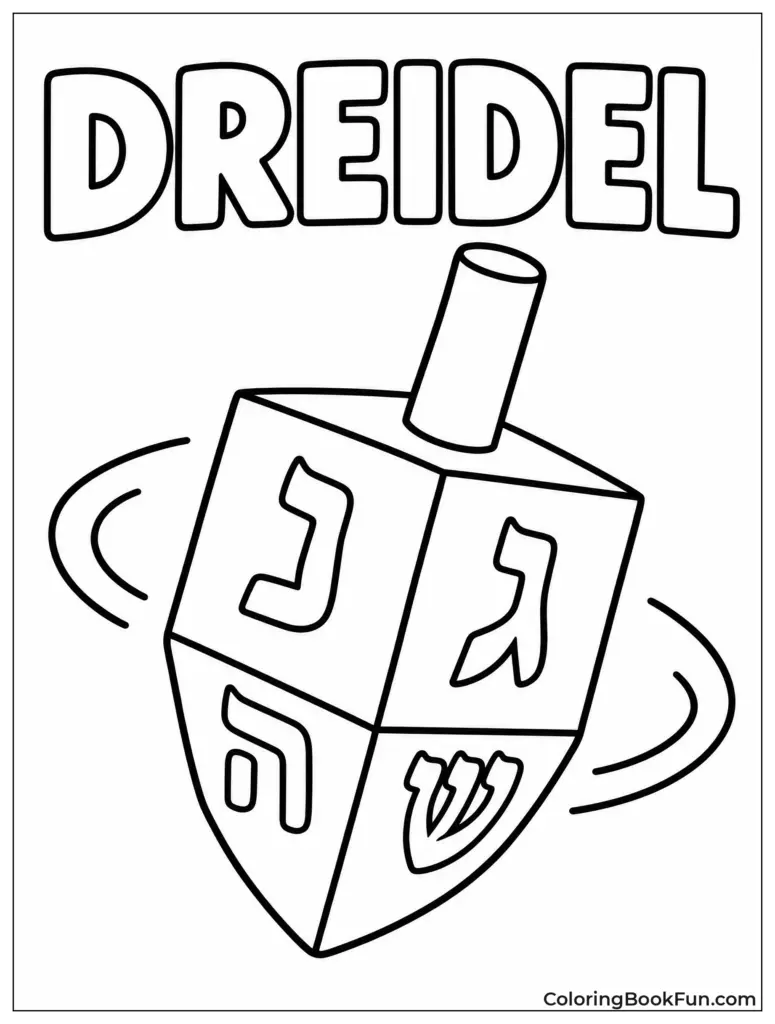 Black-and-white dreidel coloring page with large title