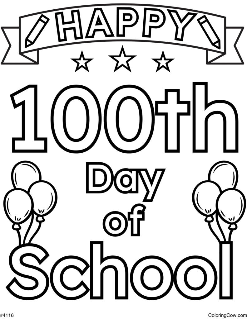 Happy 100th Day of School coloring page with balloons
