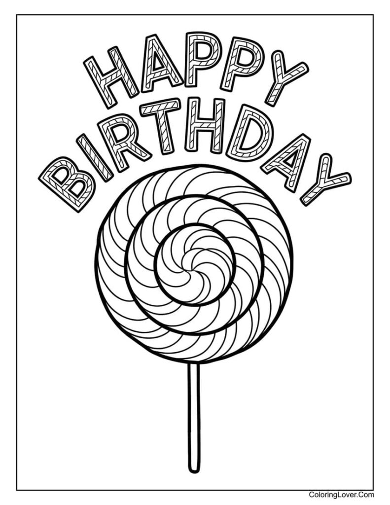 Happy Birthday text above swirl lollipop drawing