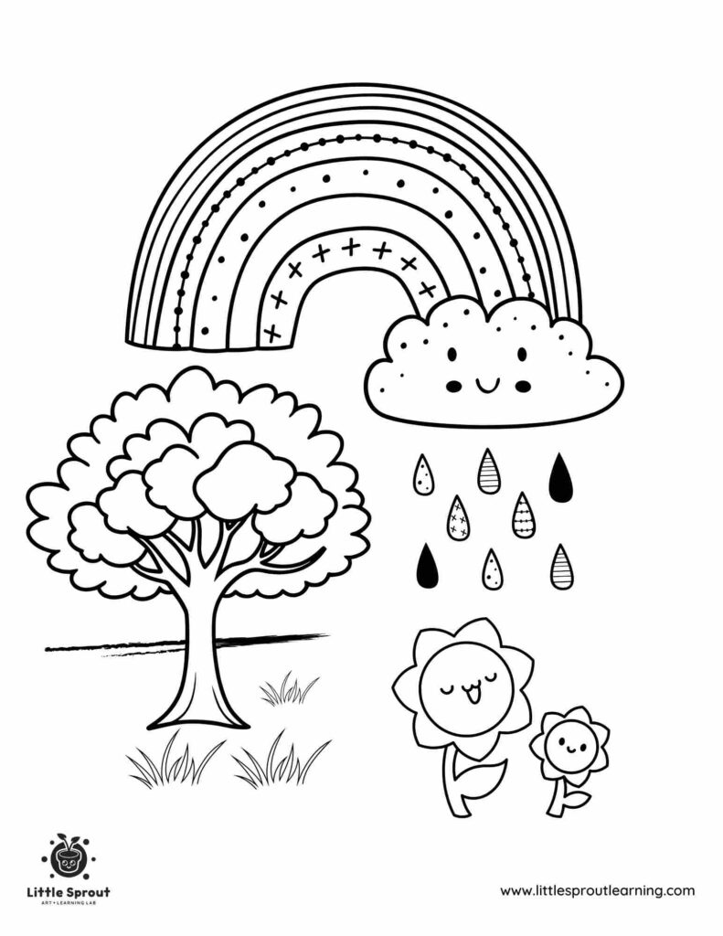 Black-and-white cartoon rainbow, clouds, tree, raindrops, flowers