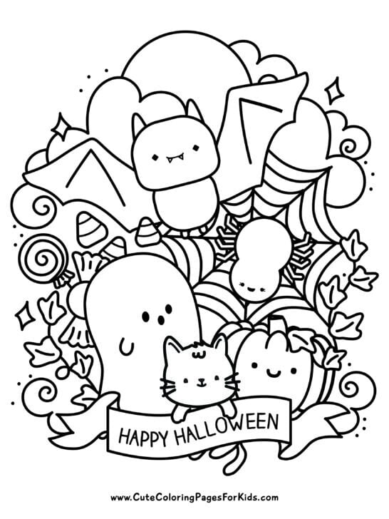 Halloween coloring page with cute ghost, cat, pumpkins, and banner
