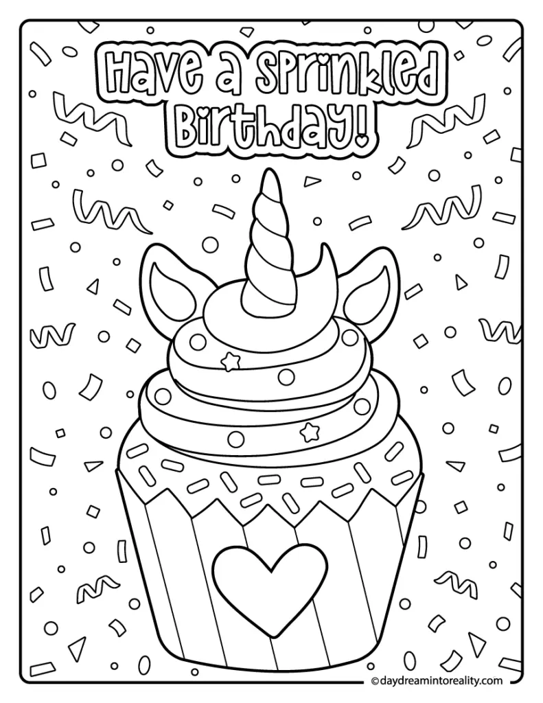 Unicorn cupcake with sprinkle birthday greeting and confetti