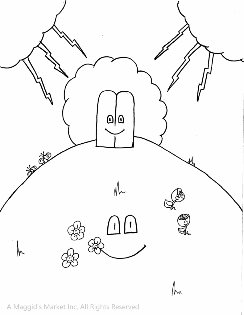 Cartoon hills with smiling faces, clouds, lightning, flowers