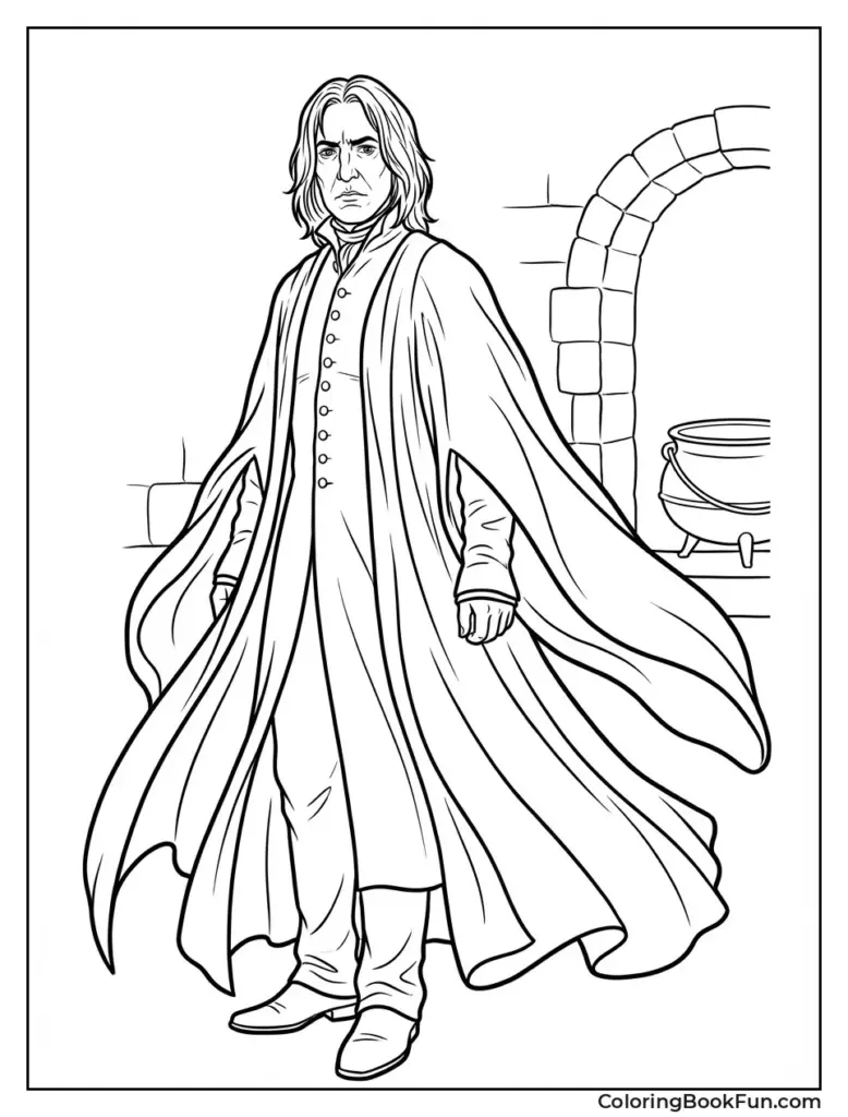 Black-and-white drawing of robed man in stone room