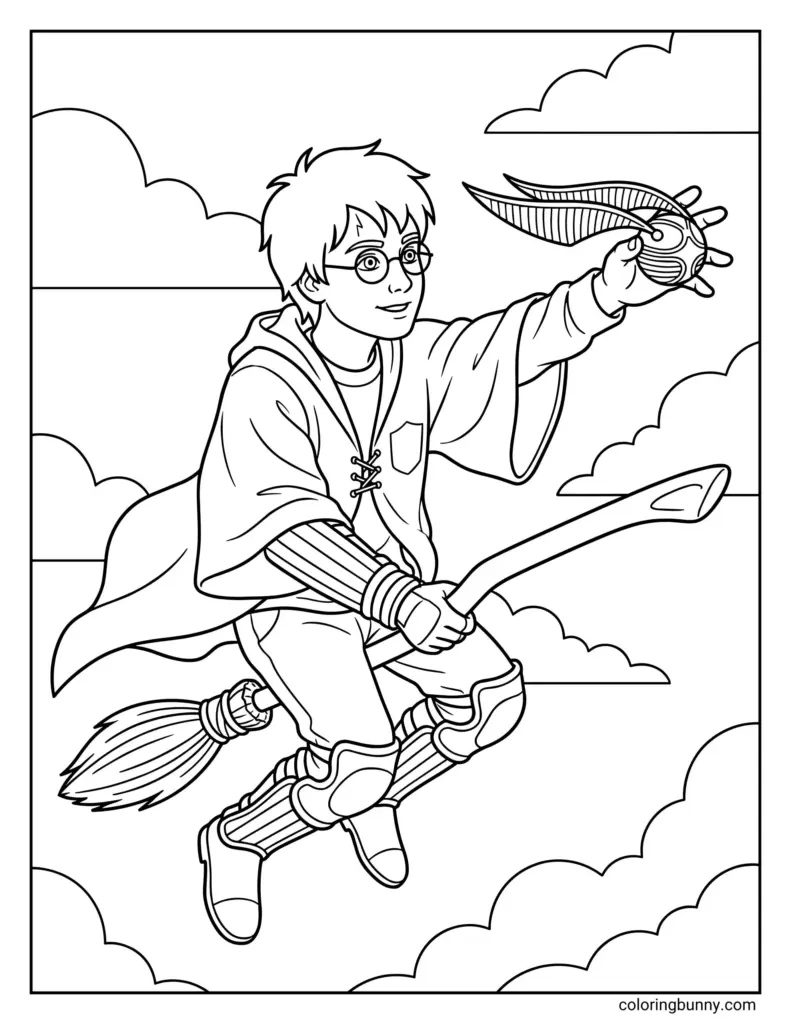 Line drawing of a boy on a broomstick in clouds