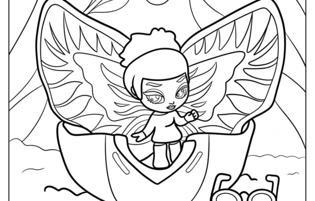Winged fairy girl in flower-filled coloring page
