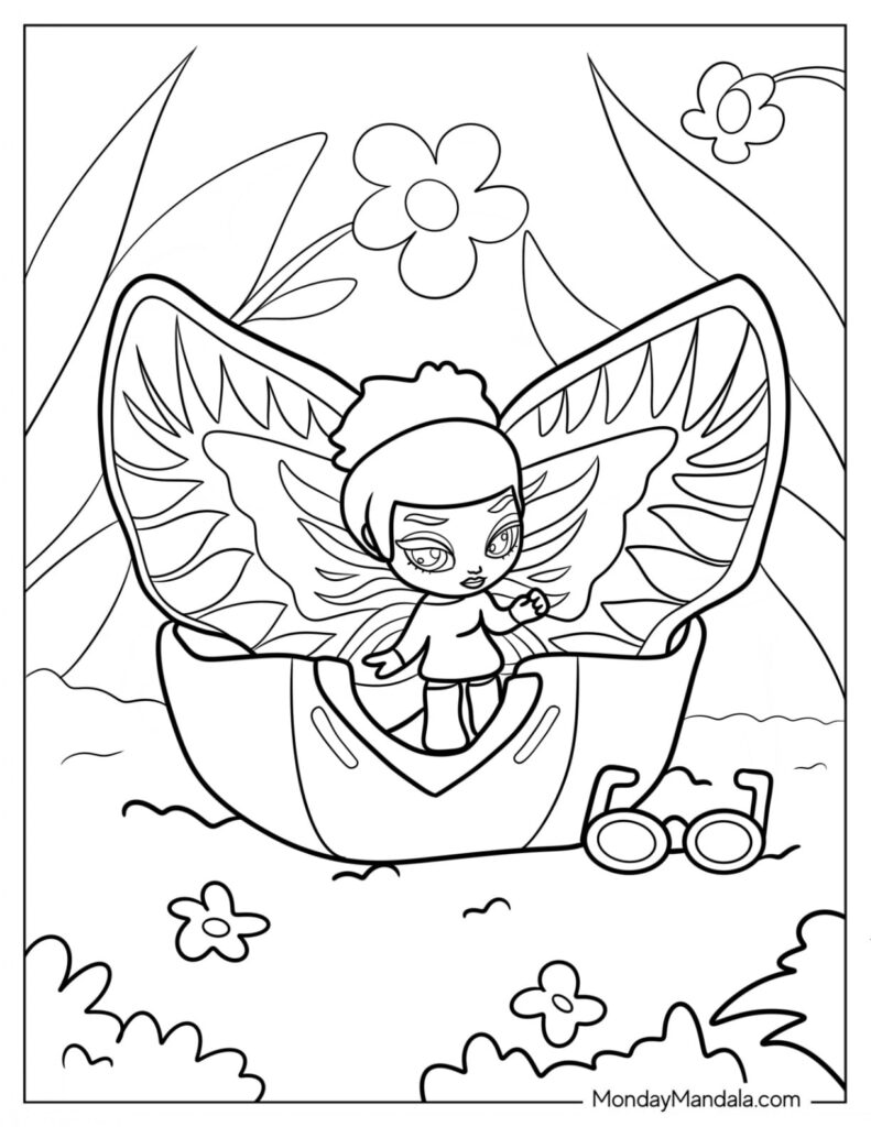 Winged fairy girl in flower-filled coloring page