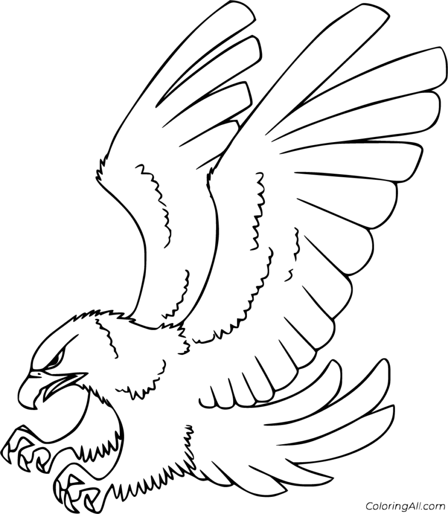 Black-and-white line drawing of a flying eagle