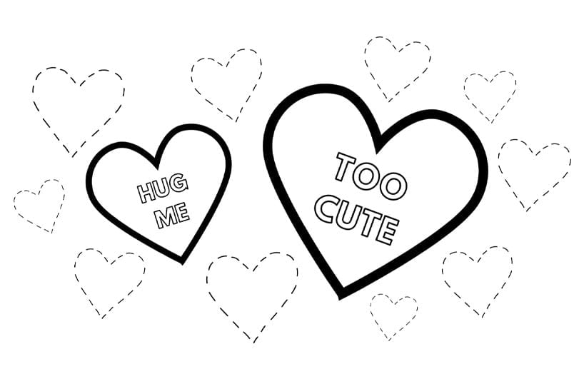 Two outlined hearts with hug me and too cute text