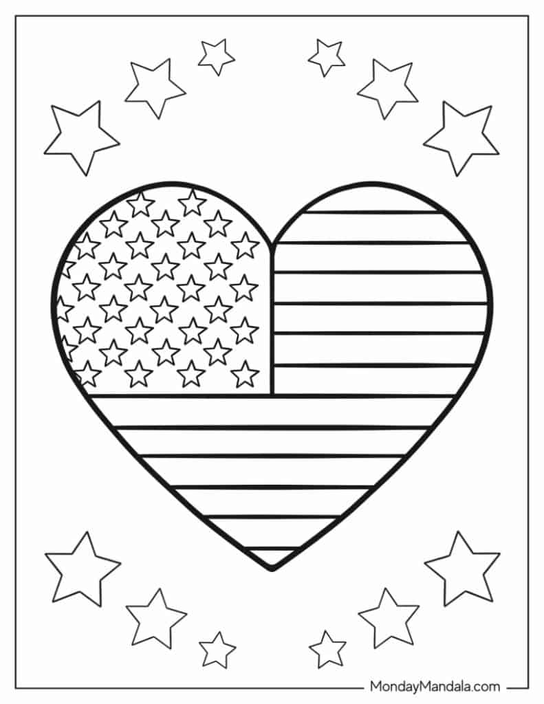 Heart-shaped American flag coloring page with stars around it