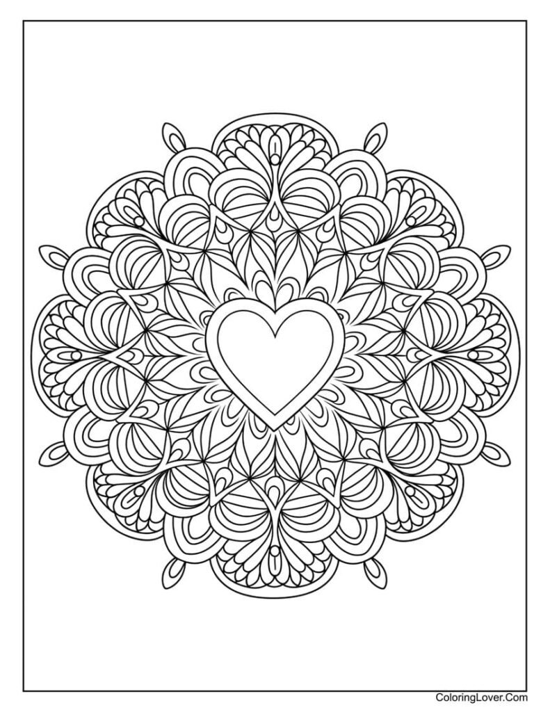 Intricate mandala with heart center on white page