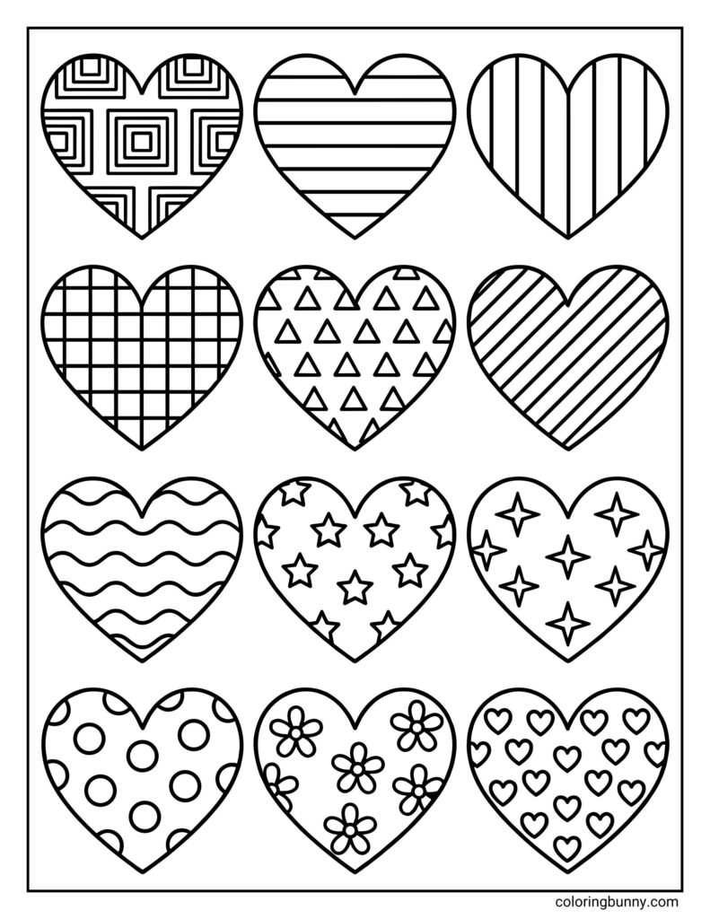 Patterned hearts on a coloring page grid