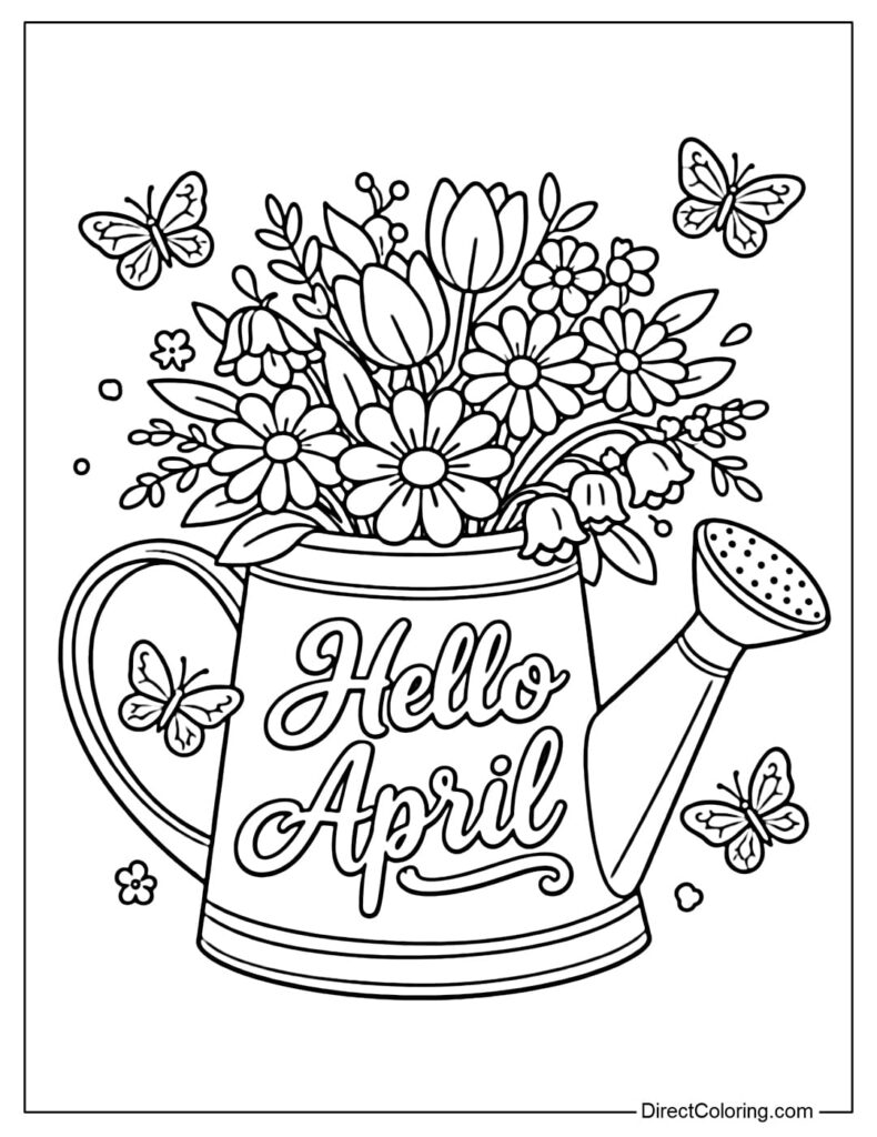 Butterfly-decorated watering can with flowers and Hello April text
