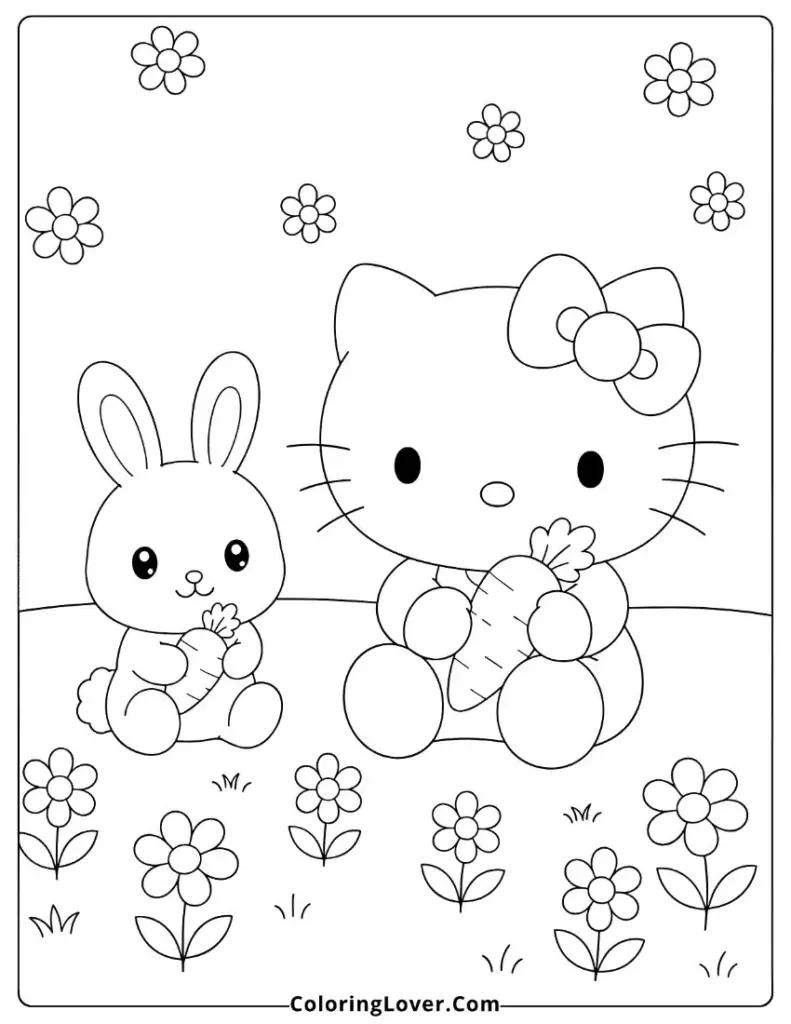 Hello Kitty and bunny holding carrots among flowers