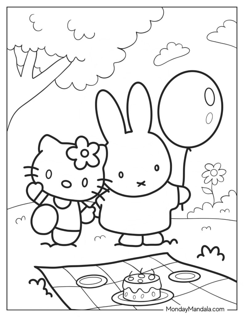 Hello Kitty and bunny with balloon at picnic blanket
