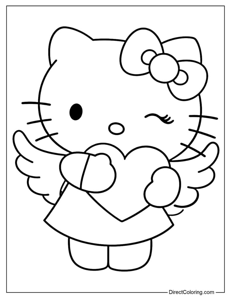 Hello Kitty holding a heart with angel wings.