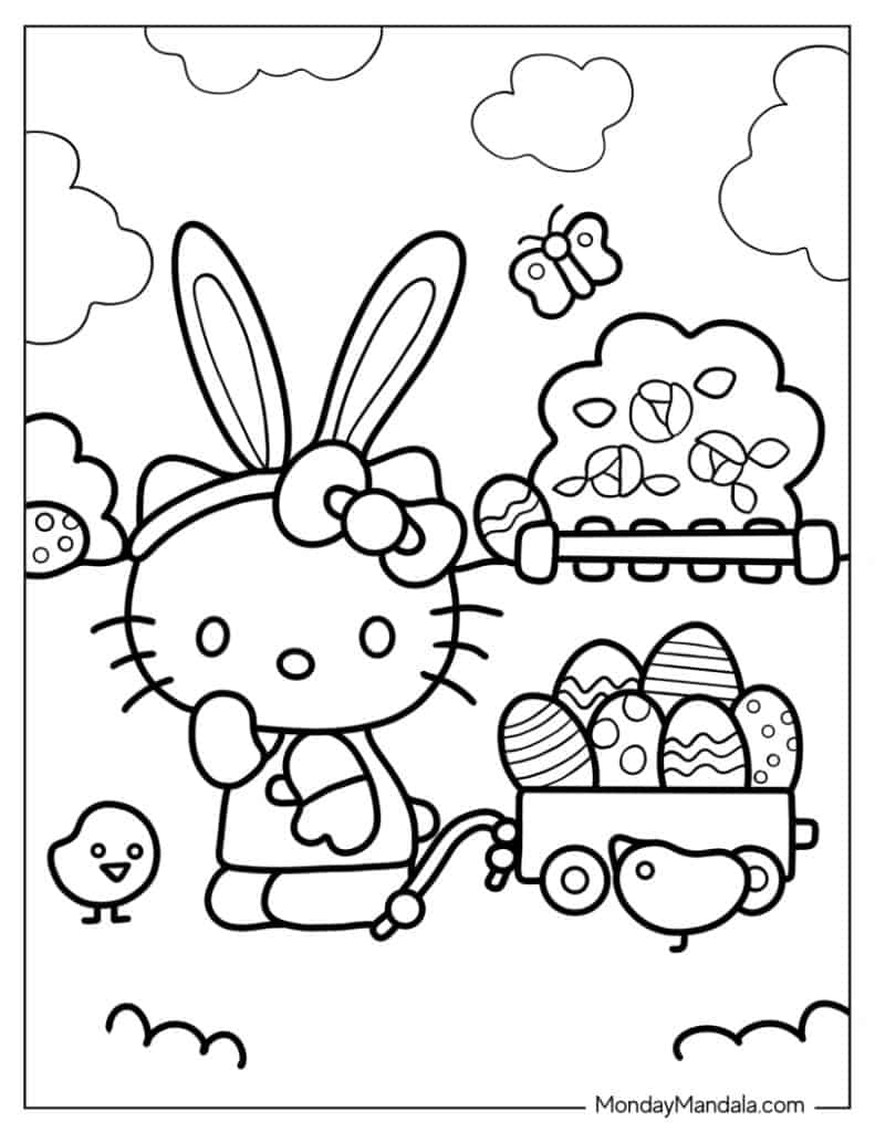 Hello Kitty with bunny ears beside wagon of decorated eggs; chick nearby.