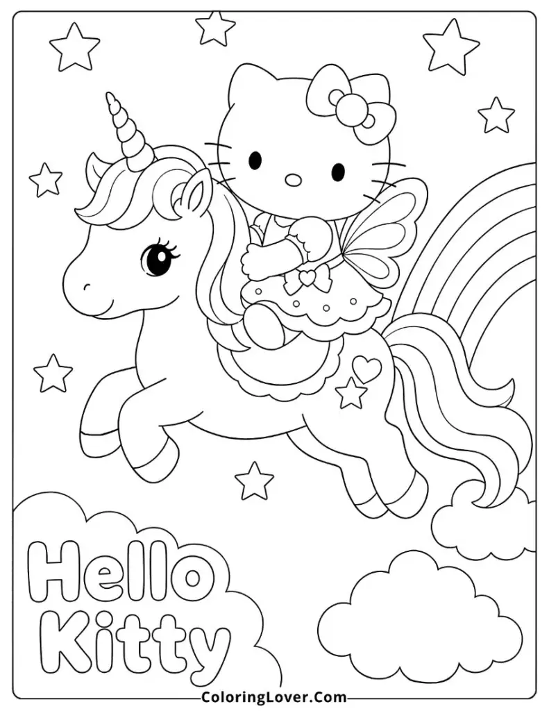 Hello Kitty riding a unicorn through a starry sky
