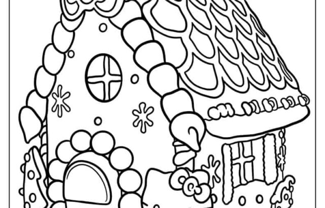 Gingerbread house coloring page with candy decorations