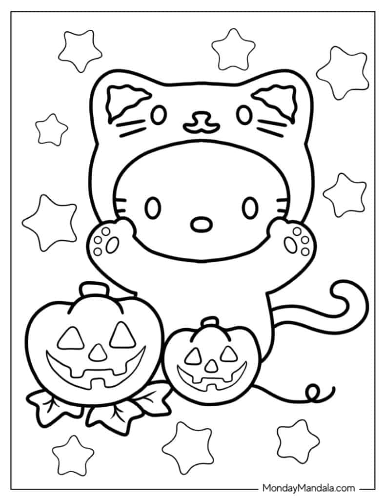 Cartoon cat costume with pumpkins and stars
