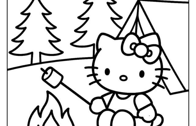 Hello Kitty camping coloring page with trees, moon, and campfire