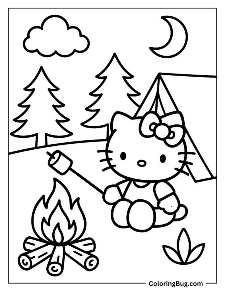 Hello Kitty camping coloring page with trees, moon, and campfire