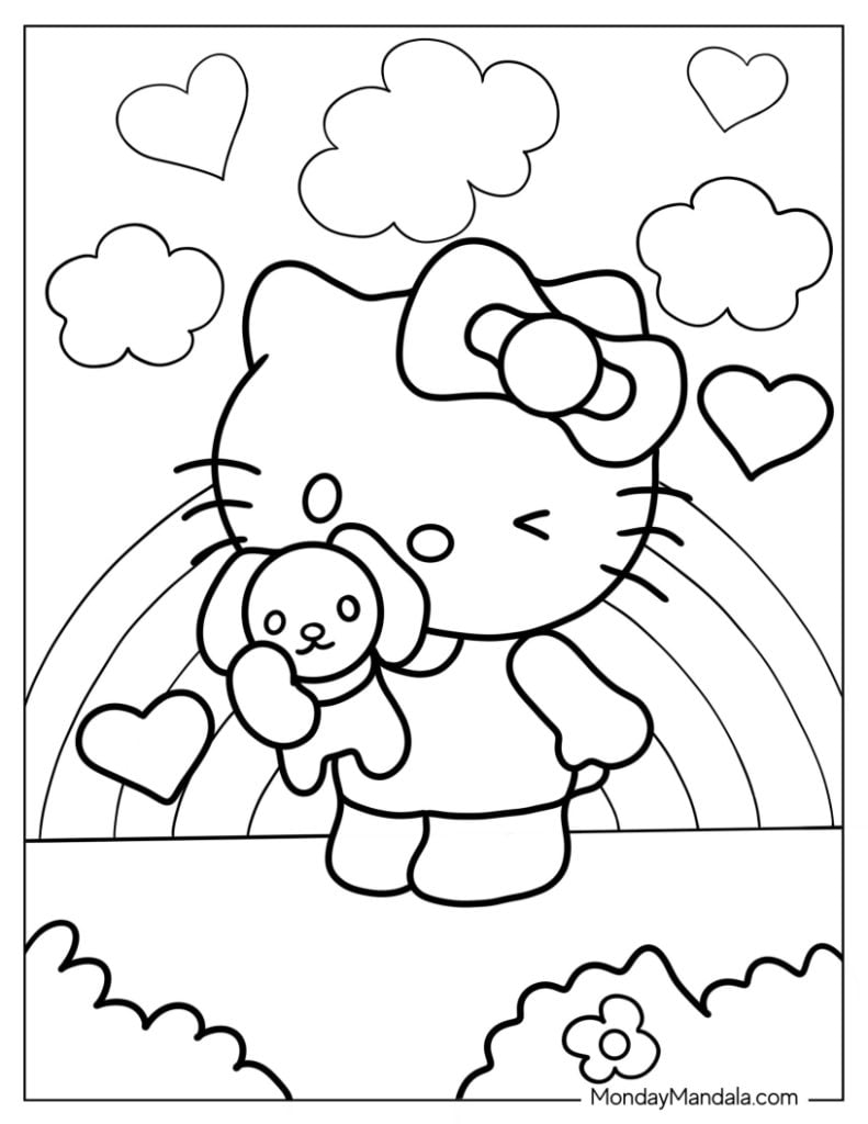 Hello Kitty holding a teddy bear with hearts and clouds